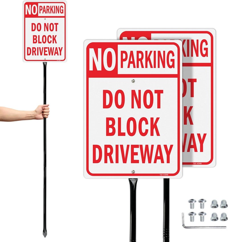 TR Large No Parking Sign Do Not Block Driveway Sign with 54" Stake - 2 Pack - 14"x10" .040 Rust Free Aluminum, Reflective, Waterproof and Fade Resistant, 2 pre-drilled holes, Includes Matching Screws & Wrench, Easy to Mount - Image 1